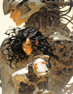 Anime artwork. girl, black long hair blown by the wind, cybernetic armor, backpack, art by J.C. Leyendecker. Background is a Giant evil Mechanical Robot.