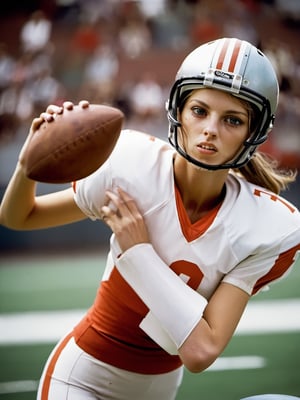 Dutch angle. Photo, Closeup of female quarterback throwing a football, showing midriff. Canon 5d mark 4, Kodak ektar, style by J.C. Leyendecker