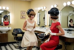 Photograph capturing two women in a 1960s hair salon, chatting away as they sport vintage hair dryers over their heads. The hair dryers, large and round with a distinct retro design with a platic face mask and enclose their heads. The women wear elegant dresses and pearl necklaces, reflecting the style and class of the era. The salon's interior features vintage furniture and decor, with a touch of glamour and sophistication.