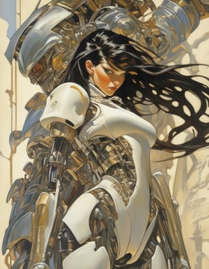 Anime artwork. abstract painting. girl, black long hair blown by the wind, cybernetic armor, backpack, art by J.C. Leyendecker. Background is a Giant evil Mechanical Robot., MoDernart