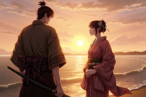 A deeply emotional and dramatic scene between a ronin and his girlfriend at a seaside, set during their final goodbye. The ronin, dressed in worn-out traditional samurai robes, stands solemnly with his hand resting on the hilt of his katana. His girlfriend, wearing a flowing kimono, stands far apart from him, her expression filled with sorrow and longing. They are gazing intensely at each other, the distance between them symbolizing the emotional rift as they say their farewells. The backdrop is a serene, yet melancholic, seaside with waves gently lapping at the shore, and the setting sun casting long shadows and a golden glow over the scene. The sky is painted with hues of orange and pink, adding to the bittersweet atmosphere. The overall composition captures the profound emotion of separation and unspoken love.