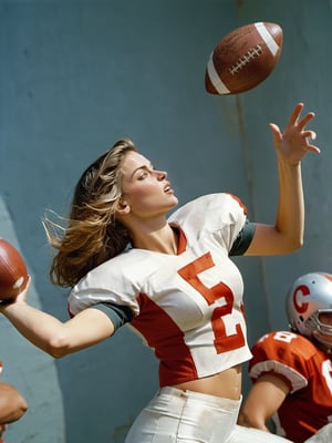 Dutch angle. Photo, Closeup of female quarterback throwing a football, showing midriff. Canon 5d mark 4, Kodak ektar, style by J.C. Leyendecker