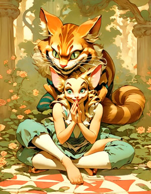 Anime artwork of Disney Alice in Wonderland doing yoga with the Cheshire Cat, art by J.C. Leyendecker