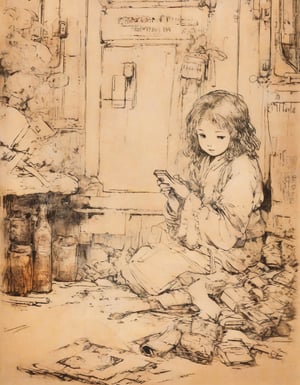 B & W Drawing Etching, Anime. Girl holding a phone, sitting on train,  rust, garbage on the floor, broken bottles, r3mbr4ndt, art by Rembrandt