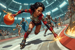 Oil painting. Anime style illustratoin by J.C. Leyendecker. Battle Angel Alita competing in a high-speed Motorball game, similar to Rollerball. Alita, wearing her iconic sleek cyborg armor, races through the futuristic Motorball track on rollerblades, gripping the glowing Motorball in one hand. Her face is focused and determined, with cybernetic enhancements emphasizing her power and agility. The arena is a high-tech, metallic environment with neon lights, massive crowds, and a gritty, industrial vibe. In the background, other cybernetic players chase after her, each equipped with various mechanical enhancements designed for speed and combat. Sparks fly from Alita's blades as she speeds around a sharp curve, with the atmosphere of the scene reflecting the intensity, competition, and danger of the Motorball game. The overall aesthetic is bold, dynamic, and futuristic, with a mix of cyberpunk elements and action-packed energy 