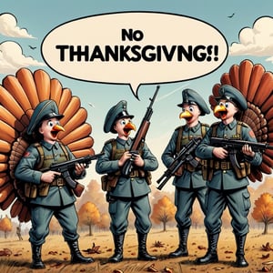 "No Thanksgiving" TEXT LOGO. Turkeys soldiers with guns. Comic strip speech bubble "No Thanksgiving"