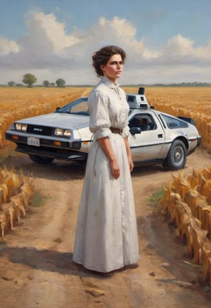 oil painting head and shoulders portrait of a 19th century woman, dress in white, behind a Delorean from Back to the Future on a dirt road beside a corn field.