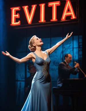 A stunning Broadway musical performance captures Eva Peron, playing the lead role in "Evita," singing the iconic song "Don't Cry for Me, Argentina." The stage is set with a vibrant, neon sign glowing the word "Evita" in bold, cursive letters. Eva, dressed in a beautiful, form-fitting gown, has an air of regality and poise. The audience is in awe, hands raised and faces lit up with emotion as they watch her captivating performance.