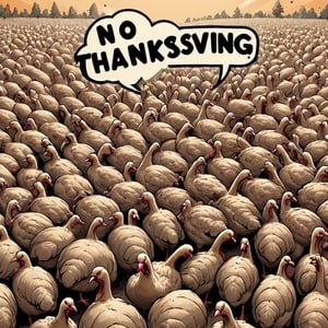 "No Thanksgiving" TEXT LOGO. Army of Turkeys with guns. Comic strip speech bubble "No Thanksgiving"