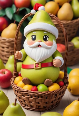 Photo of chibi Pear Santa inside a fruit basquet