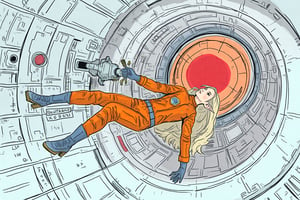 sketch illustration style.  Wide angle shot of a blonde woman, dressed in a vibrant orange space uniform, is carefully re-enacting the iconic scene from 2001: A Space Odyssey where the astronaut deactivates HAL 9000. Floating weightless Inside a sleek, futuristic spacecraft, she methodically removes the components of the HAL 9000 interface, one piece at a time. The setting is tense and sterile, with bright lighting reflecting off the white sterile surfaces, capturing the eerie, unsettling atmosphere of the original scene. The red glow of HAL's eye slowly fades as the scene unfolds, highlighting the dramatic tension between human and machine.