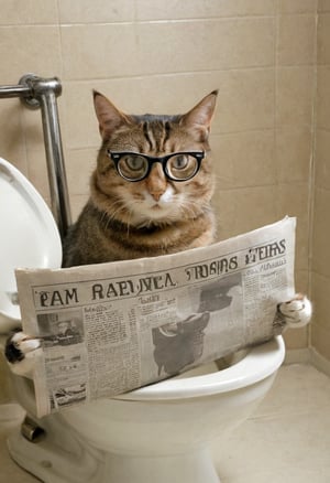 Photo of a cat, wearing bifocals, reading newspaper, sitting on a toilet