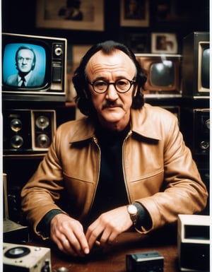 H4ck3rm4n, Gene Hackman as hackerman with a mullet haircut, round iris, wearing glasses and a leather jacket, looking into the camera, vintage shop with old television monitors backdrop, polaroid style, grainny picture, film still, f/1.4