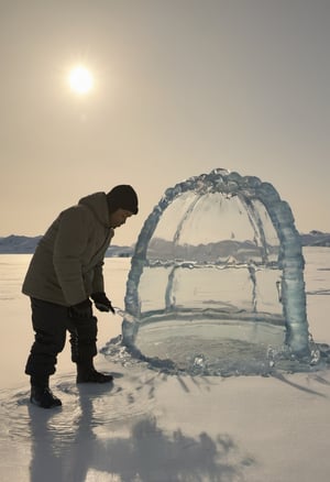 An inuit looking at an Igloo made of water, on fire, melting, pool of water on ice,made of water