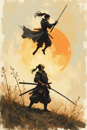 sketch painting. A shot from the ground up. A Samurai lifting his head upward. Above him, a female ninja is attacking. She holds a long katana, The scene is illuminated by the soft glow of the setting sun