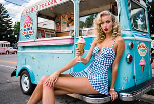  Dutch Angle. Closeup photo of a blonde woman, wavy permed hair, wearing mini dress, sitting astride, beside an ice cream truck. Style by J.C. Leyendecker. Canon 5d Mark 4, Kodak Ektar, 35mm 