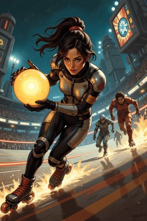 Oil painting. Anime style by J.C. Leyendecker. Battle Angel Alita competing in a high-speed Motorball game. Alita, wearing her iconic sleek cyborg armor, races through the futuristic Motorball rollercoaster like tracks on rollerblades, gripping the glowing Motorball in one hand. Her face is focused and determined, with cybernetic enhancements emphasizing her power and agility. The arena is a high-tech, metallic environment with neon lights, massive crowds, and a gritty, industrial vibe. In the background, other cybernetic players chase after her, each equipped with various mechanical enhancements designed for speed and combat. Sparks fly from Alita's blades as she speeds around a sharp curve, with the atmosphere of the scene reflecting the intensity, competition, and danger of the Motorball game. The overall aesthetic is bold, dynamic, and futuristic, with a mix of cyberpunk elements and action-packed energy