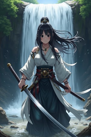 A Samurai Princess wielding a broad katana under a waterfall,lulu01