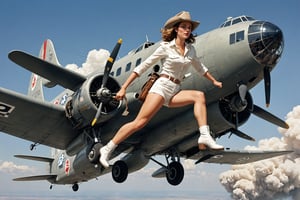 A cowgirl in white short shorts and fedora, riding a massive nuclear bomb as it is being dropped from a vintage bomber plane. The cowgirl holds onto the bomb with a determined expression, her hair flowing in the wind. The bomber plane is shown in the background, with its engines roaring and propellers spinning. 