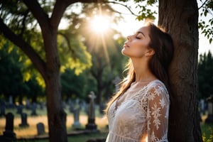 Photo.  Profile of a woman in a lace summer dress, She is looking upward with her eyes closed beside a tree.  Morning sun. Background is a cemetery