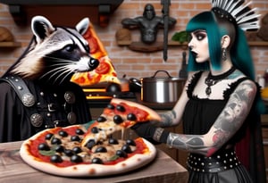 Profile of Goth girl with piercing and tattoo, cooking beans over pizza, while Roman soldiers  disperse raccoons, kitchen