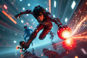 Overhead shot of Battle Angel Alita competing in a high-speed Motorball game, similar to Rollerball. Alita, wearing her iconic sleek cyborg armor and padded helmet, races through the winding rollercoaster like Motorball track on rollerblades, gripping the glowing basketball like gadget in one hand. The arena is a high-tech, metallic environment with neon lights, massive crowds, and a gritty, industrial vibe. In the background, other cybernetic players chase after her, each equipped with various mechanical enhancements designed for speed and combat. Sparks fly from Alita's blades as she speeds around a sharp curve, with the atmosphere of the scene reflecting the intensity, competition, and danger of the Motorball game. The overall aesthetic is bold, dynamic, and futuristic, with a mix of cyberpunk elements and action-packed energy 