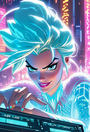 Anime artwork. Cinematic movie still of Margot Robbie, as Elsa from Frozen movie, hacking on a computer, cyberpunk 2077, art by J.C. Leyendecker, anime style, key visual, vibrant, studio anime, highly detailed
