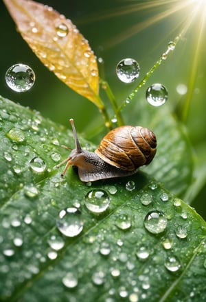 Photo of a snail with tranparent, rainbow-colored shells. These snails are peacefully sliding across a verdant green leaf which is covered with dewdrops, reflecting and refracting the sunlight into countless tiny prisms. 