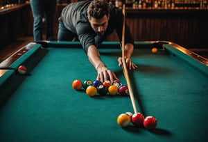 Overhead shot. Closeup photo of a couple shooting pool at a local bar. Canon 5d Mark 4, Kodak Ektar, 35mm. Fine art photography, iconic, dynamic angle, dynamic pose, macro, photograph, sharp, focussed, Lomography Color 100, F/14, World-renowned, (designed by Olivier Valsecchi:1.2), beautiful detailed supreme quality color intricate, extremely stylish, deep aesthetic, sharp focus, magnificent, dynamic dramatic composition