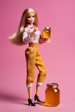 Photo of a barbie doll, holding a pot of honey, w00len, raw photo