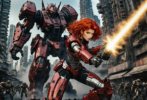  A cinematic film still of a woman with wavy permed red hair in apowered armor suit, shooting at giant black mecha. 

The heroine's armor is adorned with intricate designs and a retractable shroud, revealing her determination and strength. The background is a dystopian cityscape, with buildings crumbling and people caught in the crossfire. Style by Masamune Shirow. Canon 5d Mark 4, Kodak Ektar, 35mm 