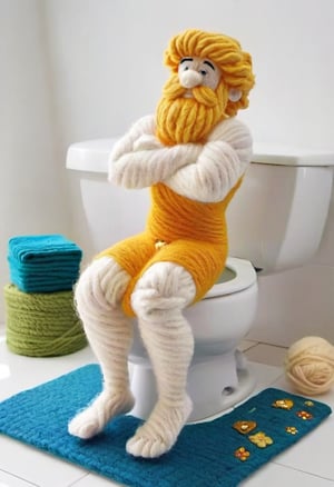 Sculpture of Zeus made of wool, squatting on a Toilet Seat,w00len