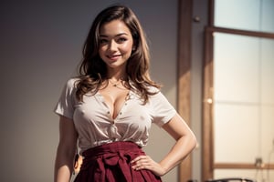 best quality, masterpiece, (photorealistic:1.4), 1girl, light smile, waist up, dramatic lighting, 30 years old woman, big chest, large hips, school blouse, school skirt, deep v-neck
