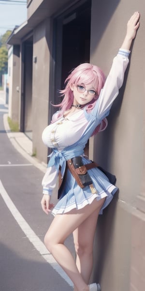 transparent clothes, light_blue_eyes , short skirt, 20-year-old beautiful girl,pink hair, wearing half-frame glasses, stunner, standing, seductive pose, lean on wall, street view, can see through nipples, close-up ,
squeeze breasts,

--auto --s2,march 7th \(honkai: star rail\),tongue out