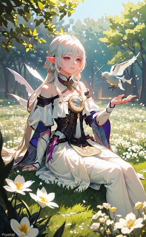 masterpiece, best quality, 1girl, elf adventurer sitting on a field of white flowers, dutch angle, cinematic, volumetric lighting, sunbeam, soft lighting, mystical, magical, rim lighting, fantasy, sparkle, glittering,High detailed ,Fu Xuan, happy face, undercloth_nipples