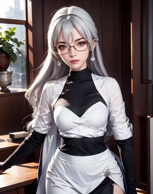 photorealistic, high resolution, 1 women, solo, hips up:1.8, look at viewer, (detailed face), white hair, long hair, skirt, glasses, medium breasts,ph bronya