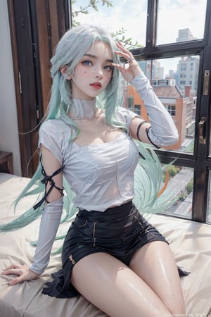 photorealistic, high resolution, 1 women, solo, hips up, look at viewer, (detailed face), white hair, long hair, tshirt:1.8, skirt, glasses, small breasts, heterochromia,xianyun,sitting girl,Sexy Pose