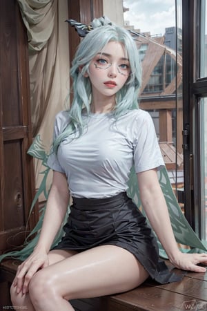 photorealistic, high resolution, 1 women, solo, hips up, look at viewer, (detailed face), white hair, long hair, tshirt:1.8, skirt, glasses, small breasts, heterochromia,xianyun,sitting girl,Sexy Pose