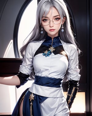 photorealistic, high resolution, 1 women, solo, hips up:1.8, look at viewer, (detailed face), white hair, long hair, skirt, glasses, medium breasts,ph bronya