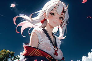 best quality, 1girl, standing, white hair, hanbok, full body shot, shoes, (colorful),(delicate eyes and face), volumatic light, extremely detailed CG unity 8k wallpaper,smile,((flying petal)), cloudy_sky, moonlight, moon, night, (dark theme:1.3), kimono:1.8, light, fantasy, best quality, lens flare, depth of field, motion blur, 
Gigantic breasts, variative posture, upper body,

Wetshirt,High detailed ,Nakiri Ayame