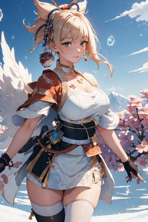 masterpiece,{{{best quality}}},(illustration)),{{{extremely detailed CG unity 8k wallpaper}}},game_cg,(({{1girl}})),{solo}, (beautiful detailed eyes),((shine eyes)),goddess,fluffy hair,messy_hair,ribbons,hair_bow,{flowing hair}, (glossy hair), (Silky hair),((white stockings)),(((gorgeous crystal armor))),cold smile,stare,cape,(((crystal wings))),((grand feathers)),((altocumulus)),(clear_sky),(snow mountain),((flowery flowers)),{(flowery bubbles)},{{cloud map plane}},({(crystal)}),crystal poppies,({lacy}) ({{misty}}),(posing sketch),(Brilliant light),cinematic lighting,((thick_coating)),(glass tint),(watercolor),(Ambient light),long_focus,(Colorful blisters),ukiyoe style,yoimiyadef