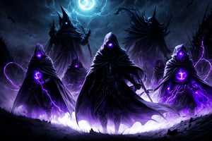 In a realm shrouded in darkness and cloaked in mystery, there exists a formidable legion of spectral beings that mimic the very essence of humanity, yet embody terror in its purest form. These eerie entities, known as the "Shadowkind Legion," are ethereal apparitions that glide through the night with an unnerving grace. Their sinewy silhouettes wear an unsettling resemblance to human form, but their hollow eyes, void of emotion, radiate an aura of malevolence that sends shivers down the bravest of spines. Armed with otherworldly abilities, they conjure nightmarish illusions to ensnare their prey in a web of dread. From the corners of forgotten nightmares, they emerge, their ghastly whispers echoing through the souls of those unfortunate enough to cross their path. Legends speak of their relentless pursuit, an unyielding hunger for fear and despair that fuels their spectral essence. Beware the haunting march of the Shadowkind Legion, for in their wake, only darkness and horror shall remain, forever etched into the annals of chilling folklore. Dark aura, purple and black body

