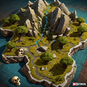 (Dnd map) ,table top,top view, insane detailes , rock ,mountain , skull , skeletal ,grass,tree and bushes ,perfect blind ,art by greg rutkowski,greg rutkowski