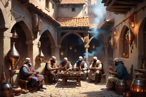 (medieval fantasy art),The smithy, tucked away in a corner of the medieval marketplace, emanates the scent of burning incense and the rhythmic beat of drums. Here, patrons seek respite to enjoy the traditional art of hookah smoking. The rich, flavored tobacco wafts through the air, creating an atmosphere of relaxation and camaraderie. The maqha serves as a cultural oasis, where patrons unwind and revel in the ancient tradition of communal smoking.fantastic perfect art ,ultra details , 8k , digital painting , no_human
