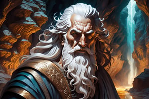  Old and ancient Man extream long hair white beard ,trinckles on facse :1.1),mythology,greek gods,insede cave ,Arabesque background (A perfect finished work of official art:1.1). Airbrush ,Glistening , even adn irregular textured (ART By Apterus, ART By Dan Mumford, Anime Style:1.1)"