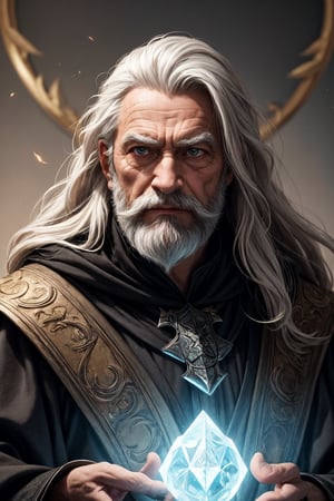 (masterpiece)(Ultra detailed), An aged sorcerer, his long white hair cascading down, and his beard full and abundant, has a prominent and elongated nose, bearing a scar on his face. A master of the arcane arts, he exudes a sense of awe and fear, dressed in the garb of sorcerers and poised in a stance of readiness.,DonMV01dm4g1c