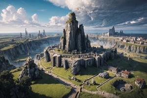 (masterpiece)(highly detailed), Dwarf Rock-Hewn City , Rock-Cut City Dwarf ,1300years , giant sculpture medieval  full long beard , holding massive hammer , fantasy city , ariel view , intricate details , daylight , clouds (4k)(complete art work),no_humans