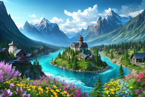 Fantastically beautiful summer mountain landscape with a river and flowers, cabin, in the style of Jun Young Joon, photorealistic, 8k, very detailed, epic royal background, big royal uncropped crown, royal jewelry, robotic, nature, full shot, symmetrical, Greg Rutkowski, Charlie Bowater, Beeple, Unreal 5, hyperrealistic, dynamic lighting, fantasy art