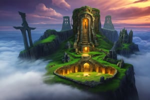 (Masterpiece,ultra details:1.2)scenery of an anctient Dwarf Rock city , mountains , runes sword statue , ruins , remains , cloud , green , fantasy,focus((masterpiece)),absurdres,HDR FFIXBG,no_humans,scenery,FFIXBG