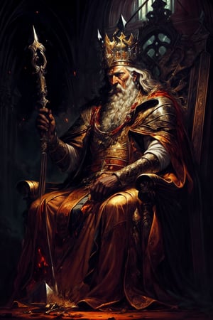 (masterpiece,ultra detailed:1.2) A wise king, sharp-tempered, coarse, thick-haired, tall, sitting on the throne with a scepter in his hand, surrounded by dead people and corpses in background fantasy, illustration , (style of Alan Lee,style of Bastien Lecouffe-Deharme),blood,fansty world